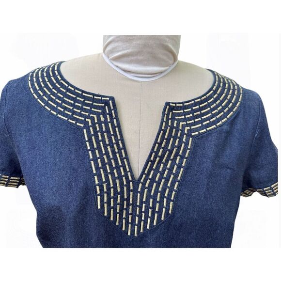 Dana Buchman Chambray Denim Dress Gold Metallic Neckline Sz. 14 - Picture 4 of 10